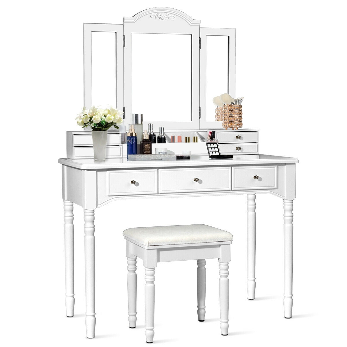 Gymax Vanity Set W 7 Drawers Tri Folding Necklace Hooked Mirror Dressing Table White Walmart Canada