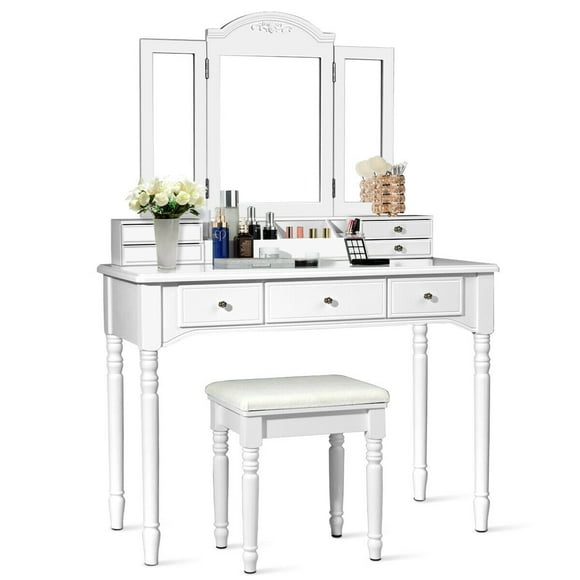 Gymax Vanity Set W/7 Drawers Tri-Folding Necklace Hooked Mirror Dressing Table White