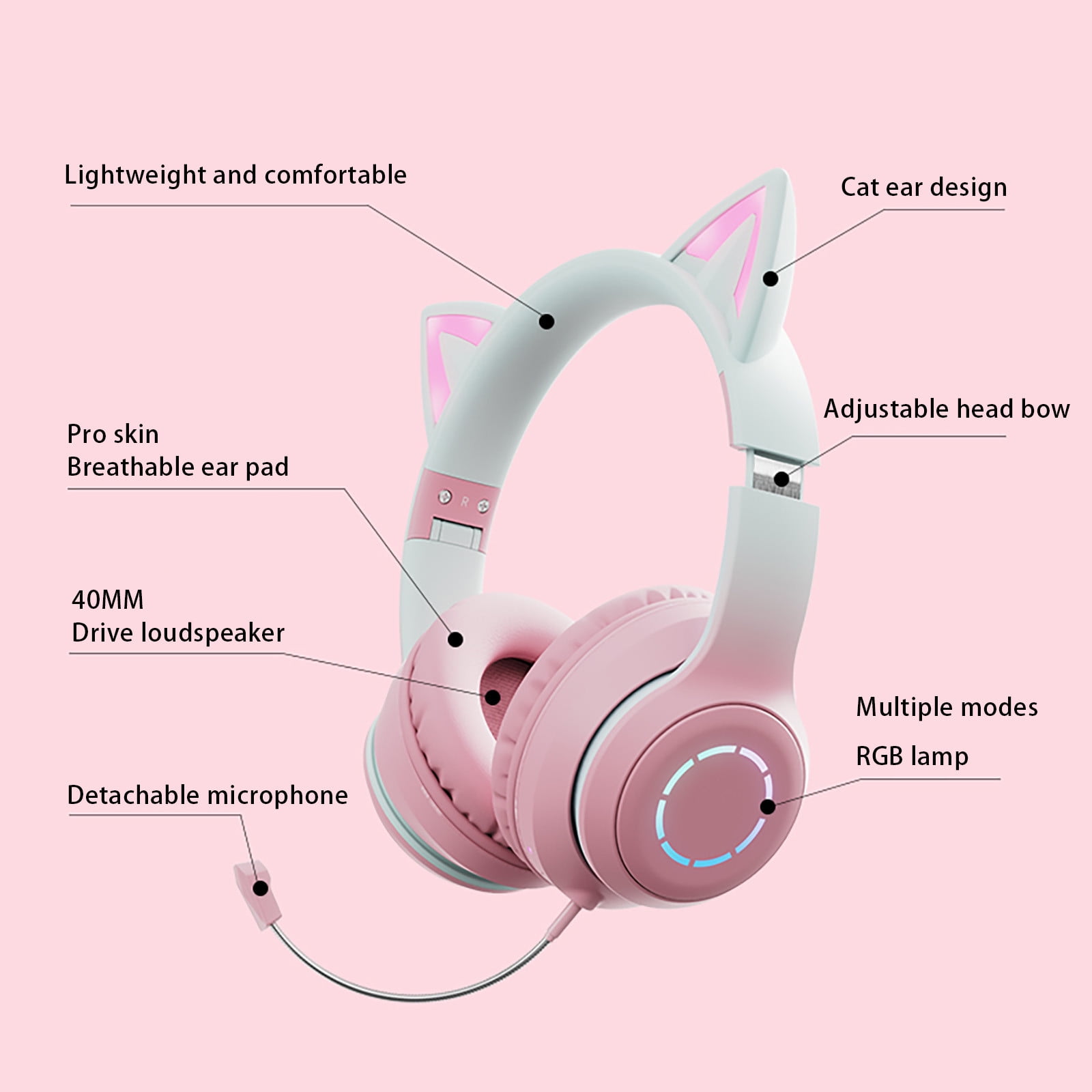 MICLOZYT Bluetooth Headphones Over Ear,Cat Ear Shaped Portable Foldable Wireless Bluetooth Headset,for Home Office Cellphone PC.,Pink