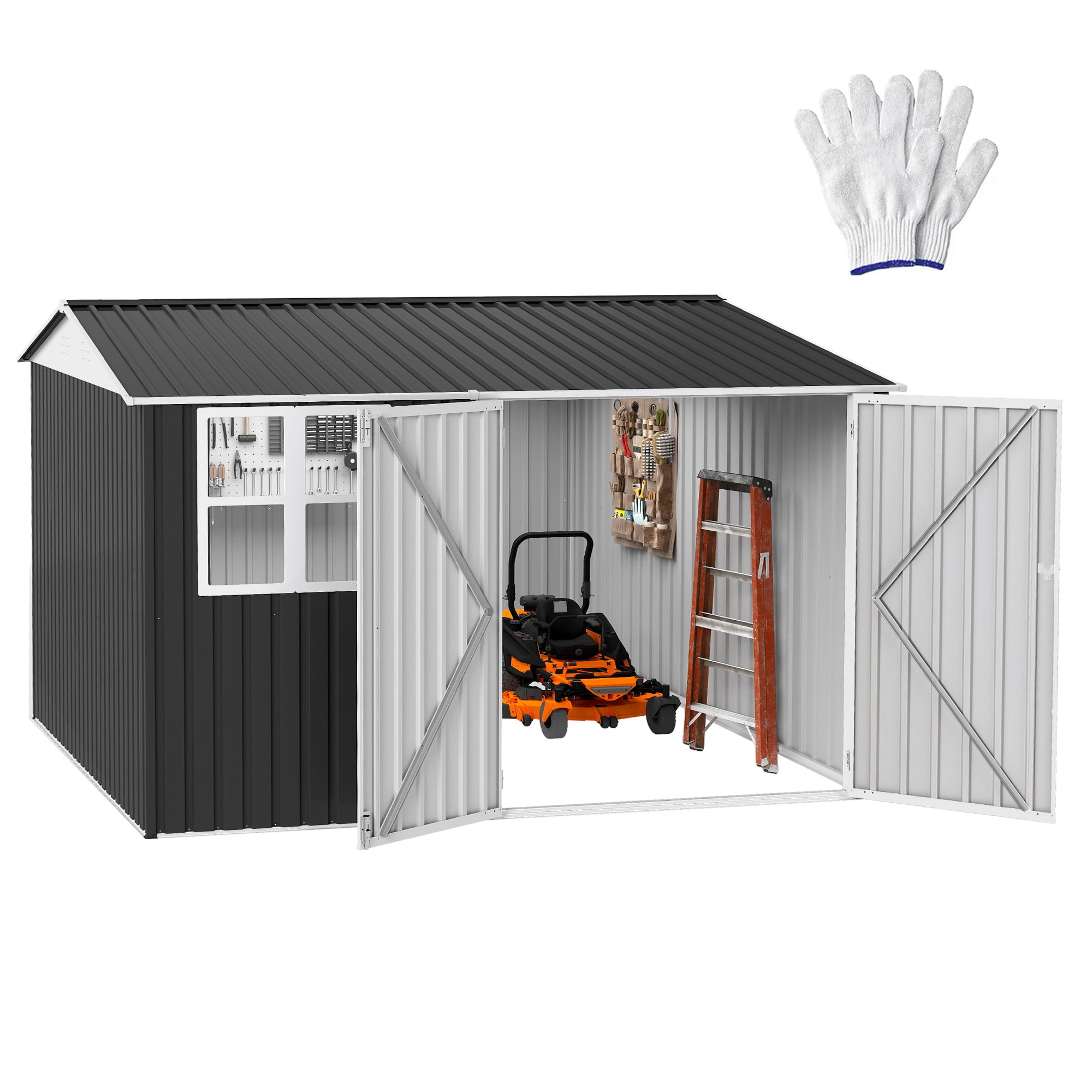 Dextrus 10' x 8' Outdoor Storage Shed, Waterproof Metal Shed with Windows, Lockable Doors Gray/White