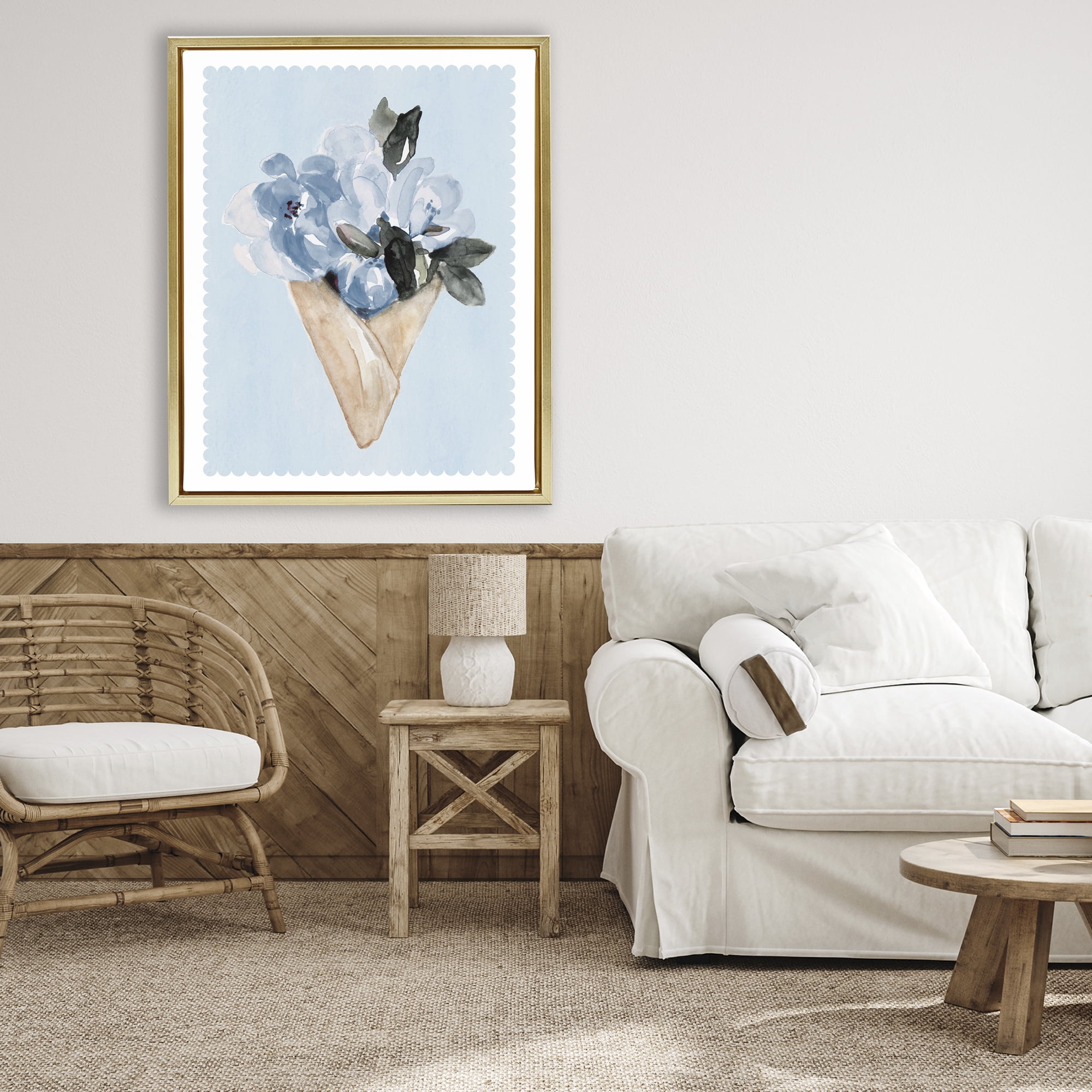 Stupell Industries Blue Flower Gift Bouquet Gold Framed Floater Canvas Wall Art, design by Elizabeth Medley