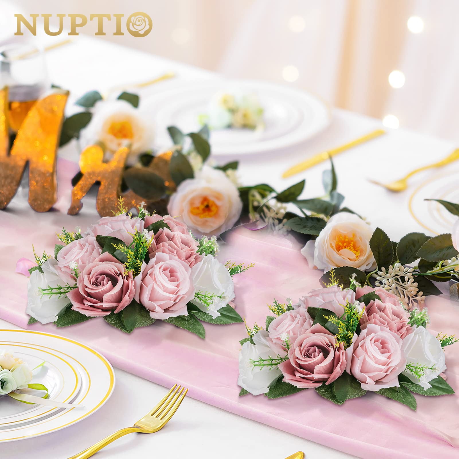 Nuptio Set of 10 Dusty Pink Rose Artificial Flower Kissing ball, 15 Heads Fake Peony Silk Flowers Bouquet for Centerpiece Wedding Birthday Party Home Table Decor
