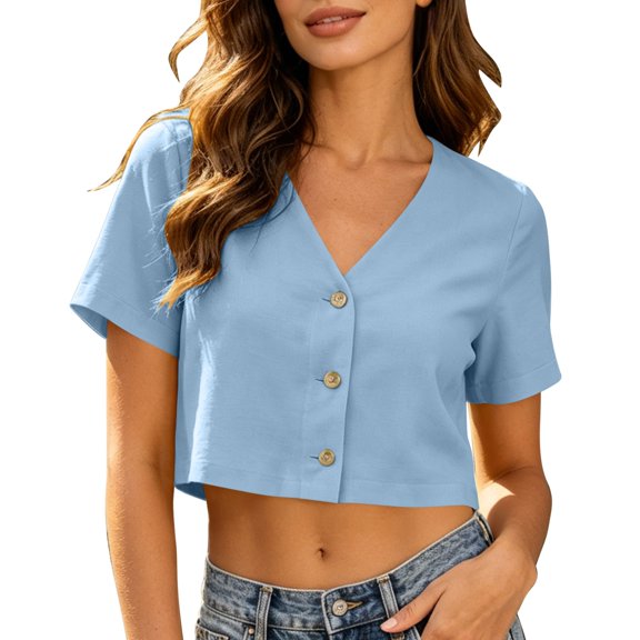 jjayotai Cotton Shirts for Women Short Sleeve Tshirts Button down V Neck Crop Tops Trendy Work Business Outfits