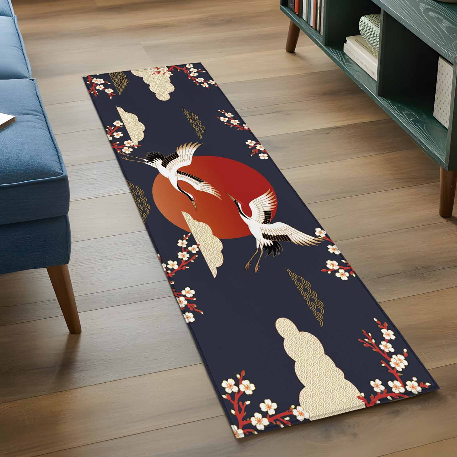 Japanese Style Area Rugs Collection 2'x6', Modern Cranes Cherry Flower Wave Red Blue Non Slip Indoor Rectangle Throw Runner Rug Floor Mat Carpet for Living Room Dining Table Bedroom Nursery