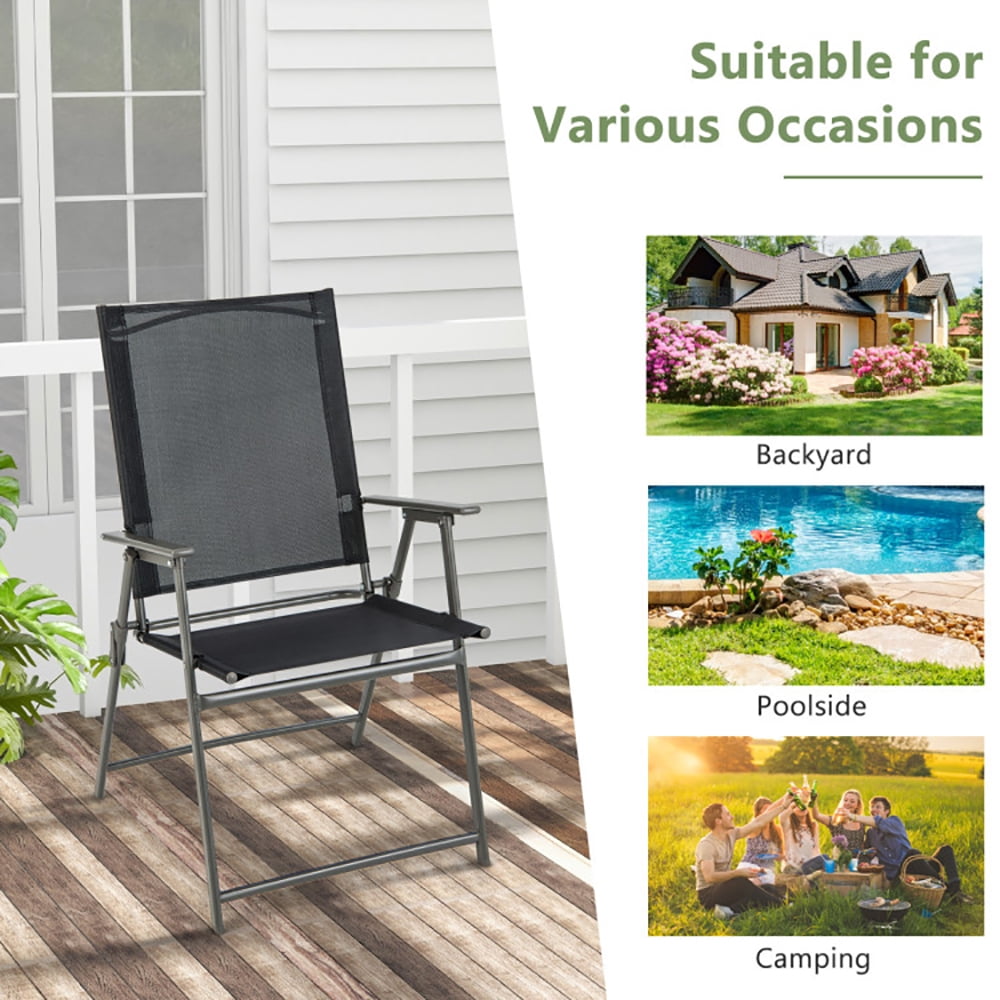 Spaco Set of 4 Patio Folding Chair Set with Rustproof Metal Frame-Black, Portable Dining Chairs for Porch Camping Pool Beach Deck Lawn Garden