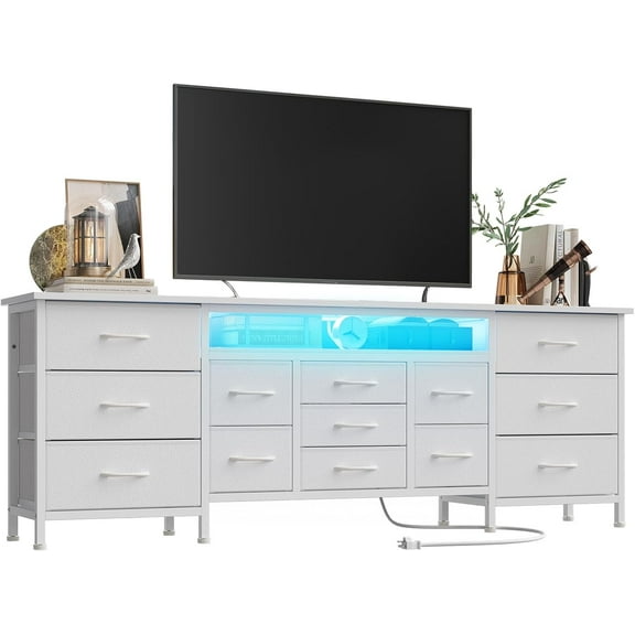 Sunvasagoo 70" TV Stand Dresser with 13 Fabric Drawers, Power Outlet & LED Lights, Entertainment Center for 80" TV