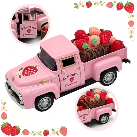 1 Pack Vintage Truck Strawberry Decor with Fake Strawberry Crate, Farmhouse Spring Decor for Tiered Tray, Strawberry Kitchen Table Centerpieces & Shortcake Decorations
