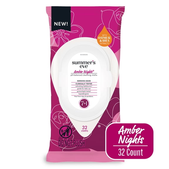 Summer's Eve Feminine Wipes, Amber Nights with Oat and Shea Extracts, Vaginal Wipes, 32 ct