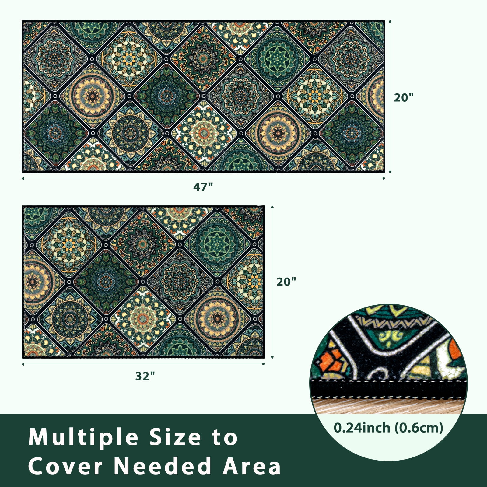 Findosom 2pc Boho Kitchen Rugs and Mats Set, Non Slip Washable Kitchen Runner Rug for Kitchen Floor, Farmhouse Kitchen Decor, Hallway, Entryway, Laundry Room,20"x32"+20"x47" Green