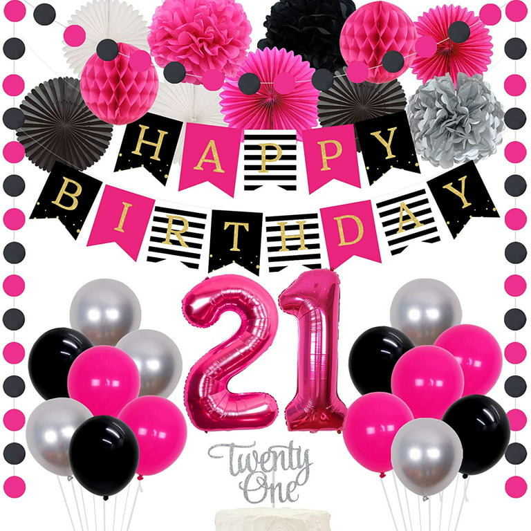 21st Birthday Decorations for Girls Hot Pink and Black Gold Happy Birthday  Bunting Banner Tissue Pom Poms Paper Fans Circle Dots for Women’s Birthday