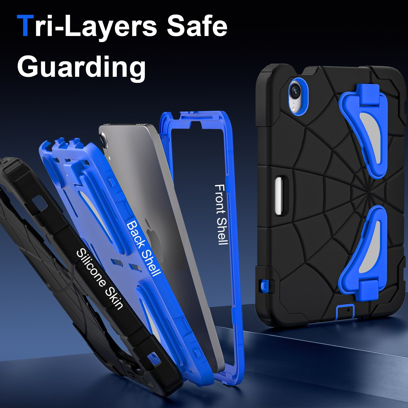 ELEHOLD Kids Friendly Case For iPad Air 11-inch M3 (2025) / M2 (2024), Heavy Duty Shockproof Rugged Protective Case with Pencil Holder Foldable Kickstand for Boys Children Case, Black+Blue