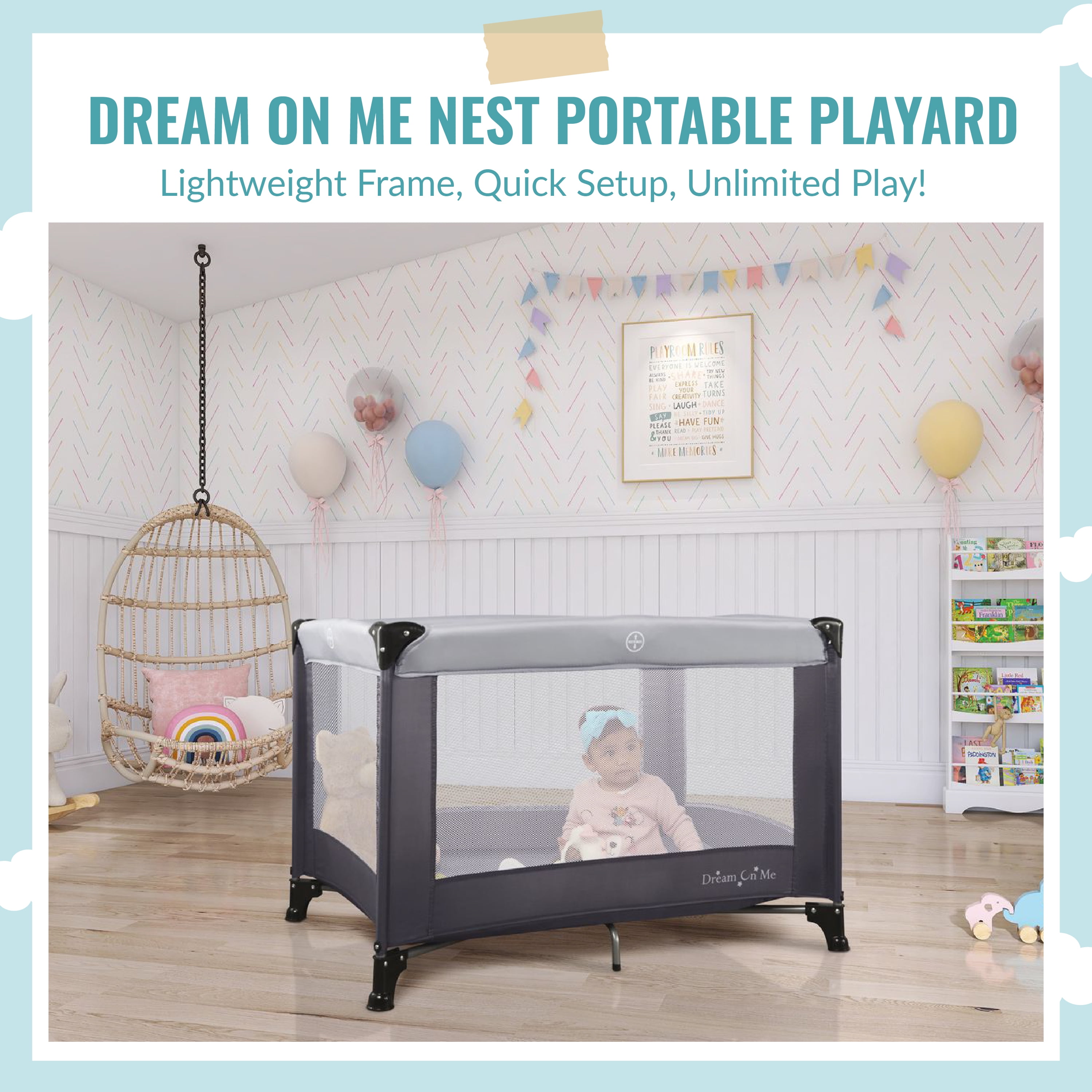 Dream On Me Nest Portable Play Yard with Carry Bag and Shoulder Strap, Gray