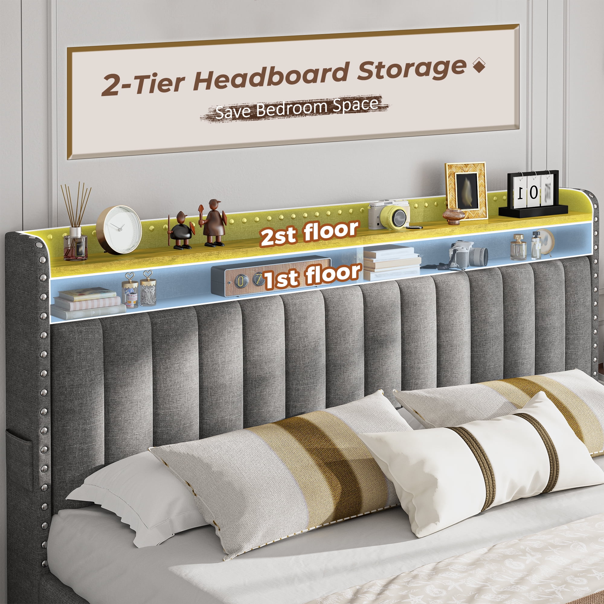 King Size Bed Frame with 4 Storage Drawers Upholstered Bed Frame with 2-Tier Shelf Bed Frame with Headboard & Side Pockets,Gray