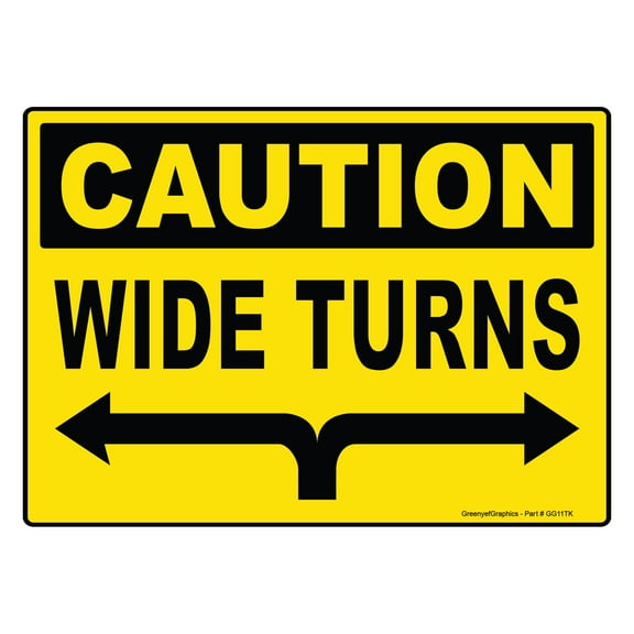 Caution Wide Turns Sign Vinyl Sticker Trailer Label Rear Truck Decal Safety Markings for Bus, Tanker Truck, Dry Van and Reefer Trailers - Truck Markings Self Adhesive Bumper Sticker (14" x 10")