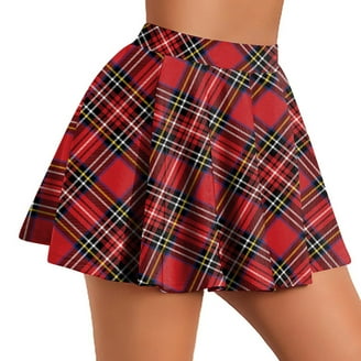 Women's Casual Plaid High Waist Pleated A Line Mini Skirt Knit Midi Skirt (Brown, L