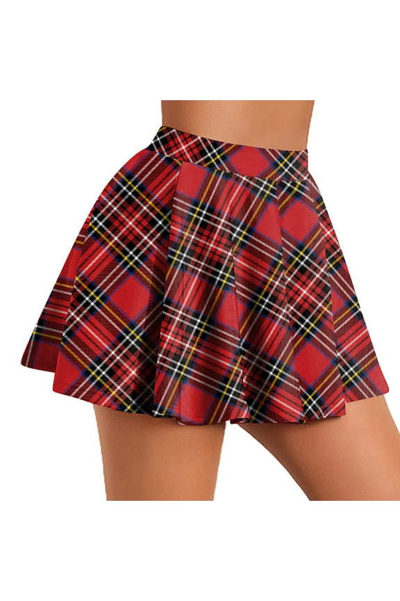 Women's Skirts Cute High Elastic Waisted Plaid Kilts for Women Trendy Hem Flared Knee Length Mini Skater Skirt Woman Temperament High Waist Lattice Printing Pleated Skirt