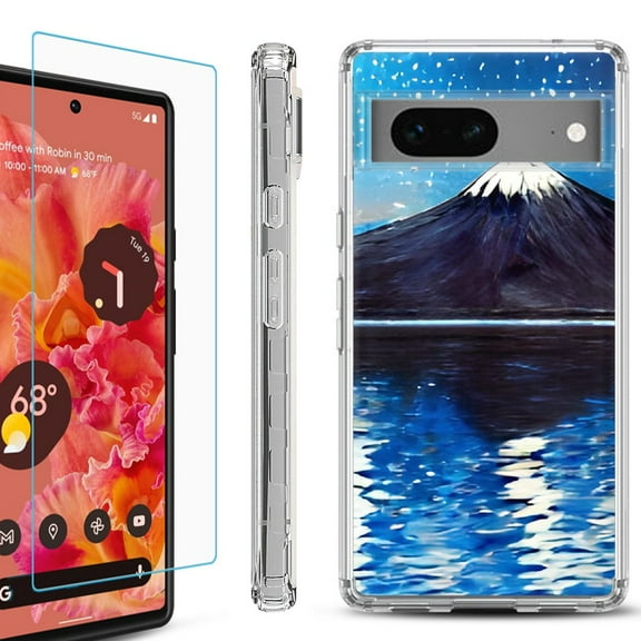 Shockproof Bumper Phone Case for Google Pixel 7, with Tempered Glass Screen Protector, by OneToughShield ® - Starry Night Fuji