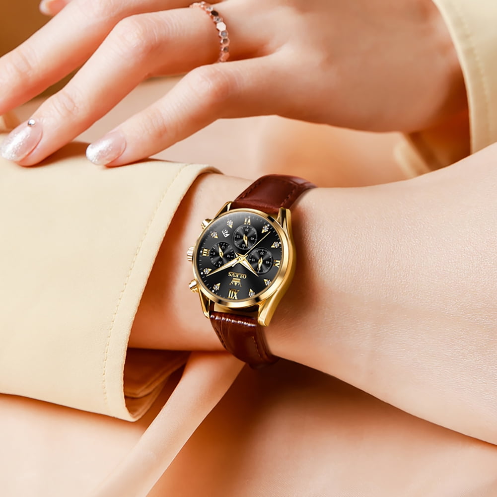 OLEVS Watches for Womens Brown Leather Strap Analog Quartz Rose Gold Fashion Casual Dress Multifunction Chronograph Diamond Date Waterproof Luminous Ladies Watches Relojes para Mujer
