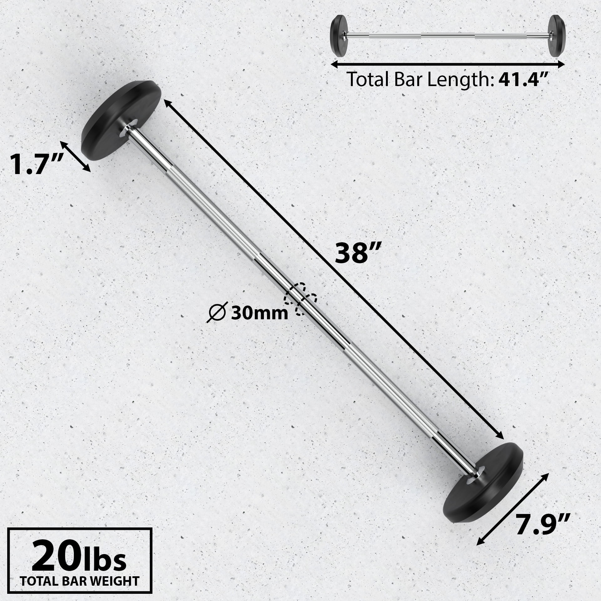 Synergee Fixed 20LB Barbell - Pre Weighted Straight Steel Bar with Rubber Weights - Fixed Weight