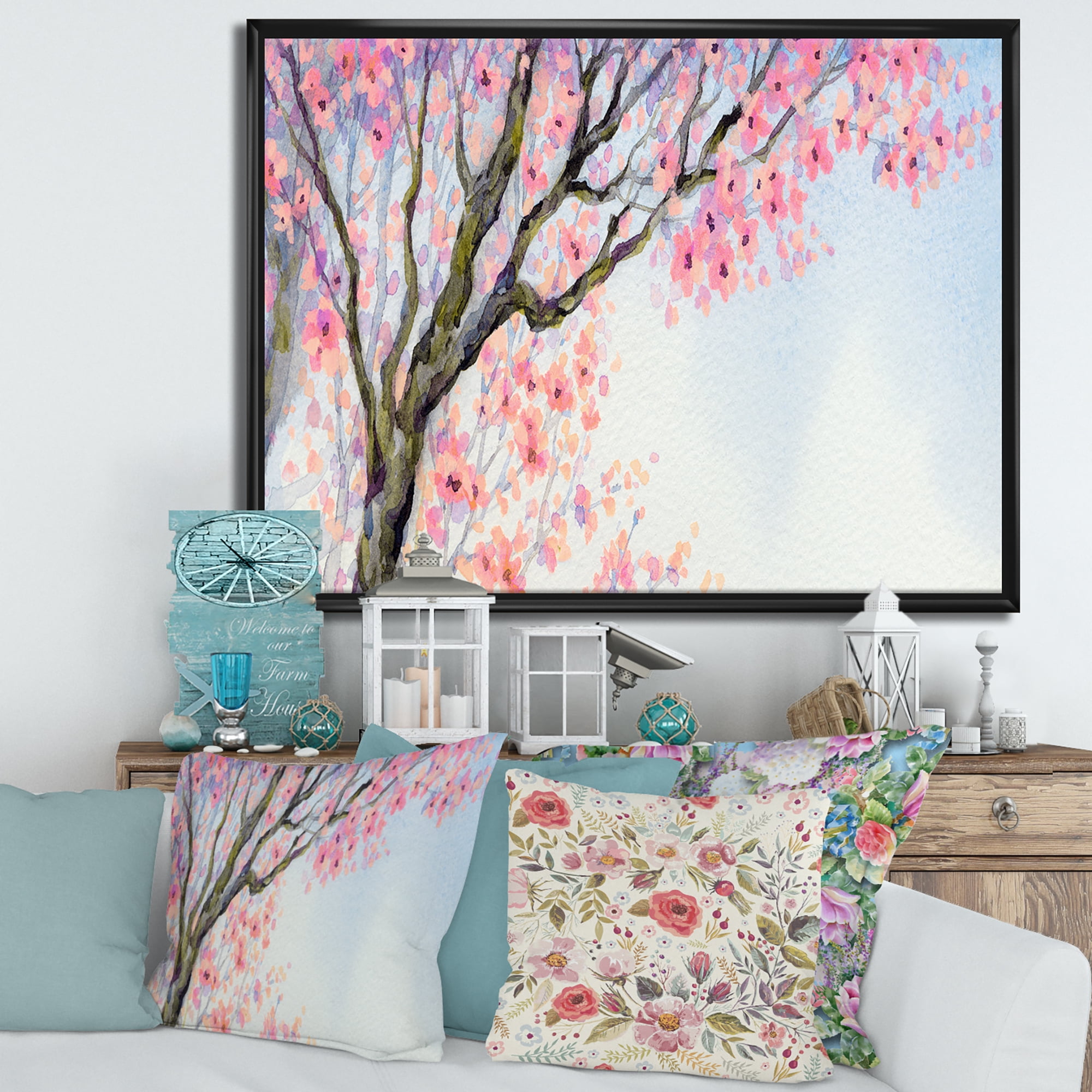 Designart 'Beautiful Pink Bird Sitting On Flowering Branch' Traditional Framed Canvas Wall Art Print
