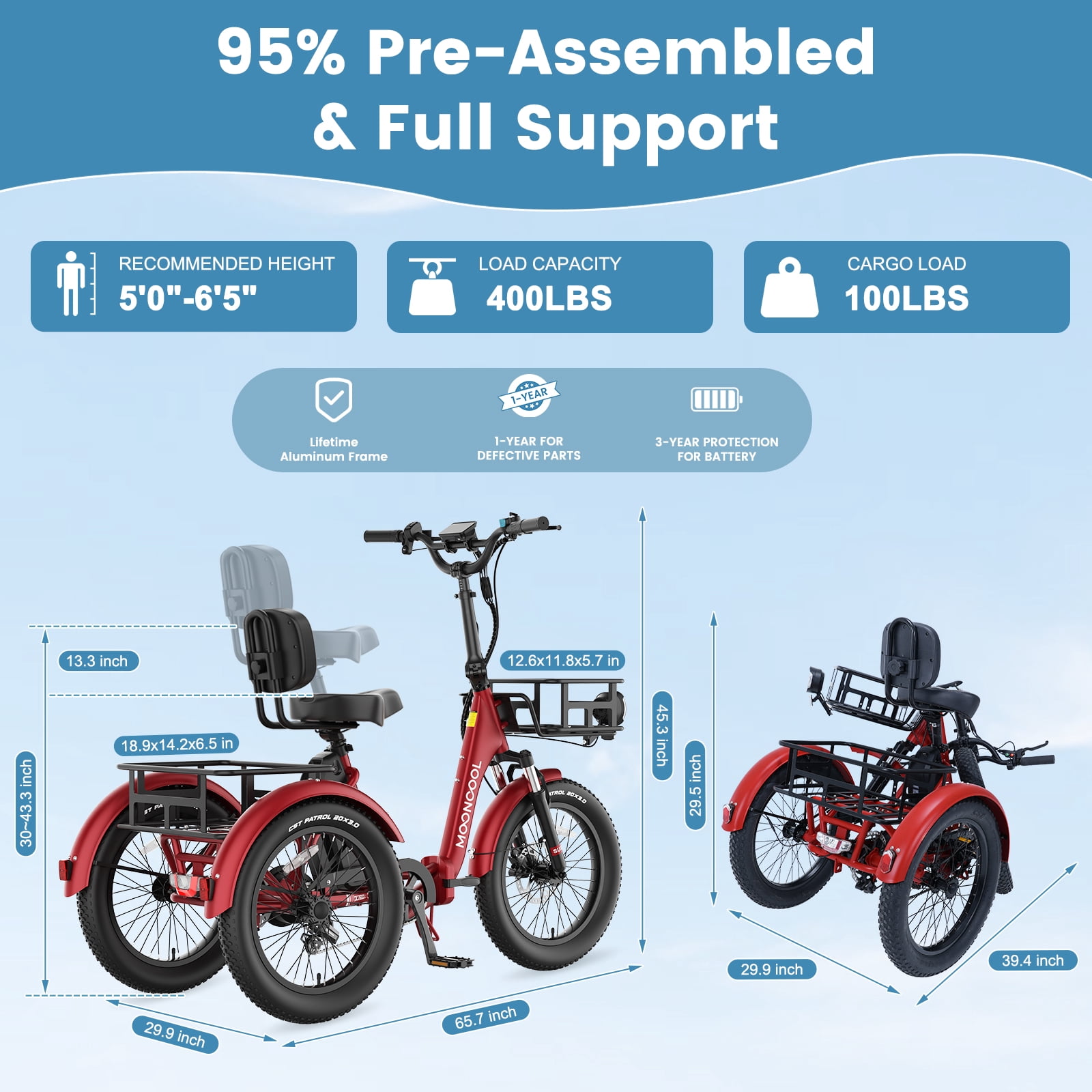 Lilypelle Electric Tricycle for Adults,Peak 1500W 48V Folding E-Mountain bike , 20" 6 Speed 3 Wheels Unisex Electric Bicycle with Front & Rear Basket, Removable 20AH Battery, LED light
