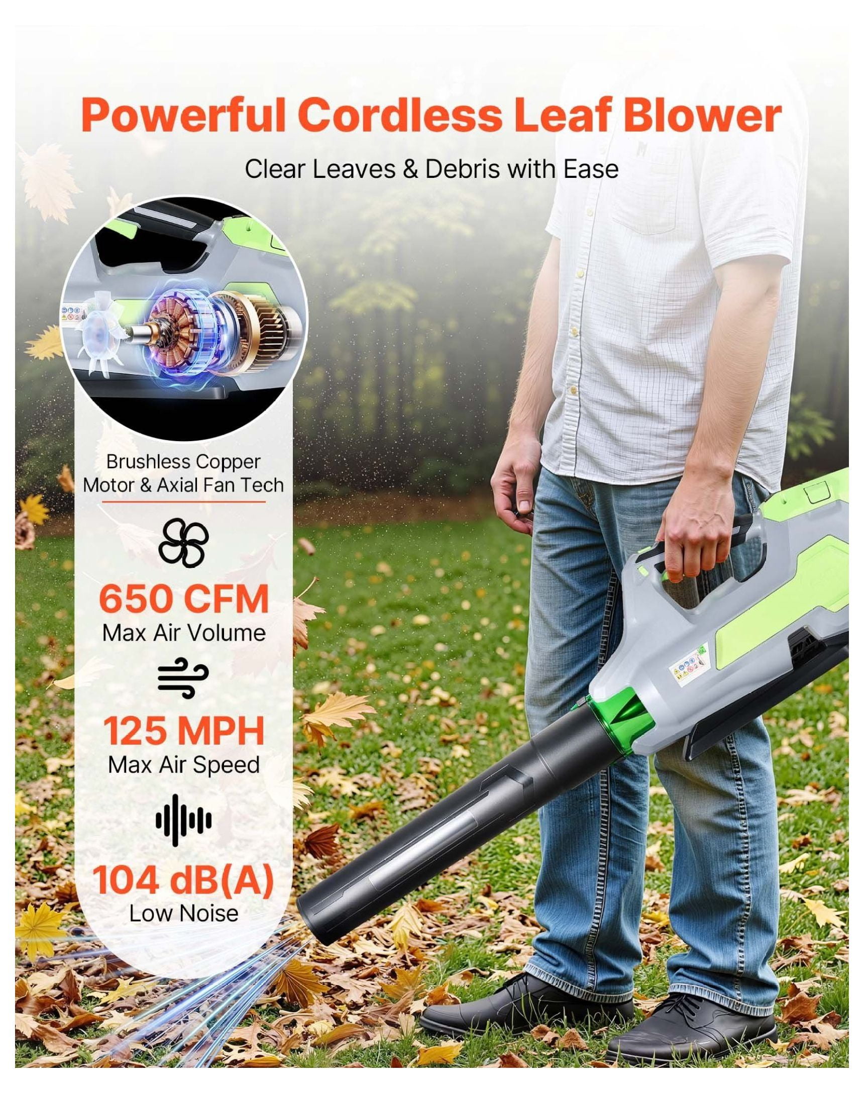 Cordless Leaf Blower 60V, Powerful Electric Blower 5.0Ah Battery, 650 CFM/125 MPH, 3 Speed Control, Lightweight Leaf Blowers for Yard Lawn Care