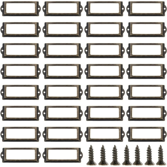 30Pcs Antique Brass Label Holders 1.2x3.2inch Iron Card Frame with Screws File Drawer Cabinet Card Tag Label Holder Iron Card Frame Cabinet Name Plates for Office Drawers Shelves DIY