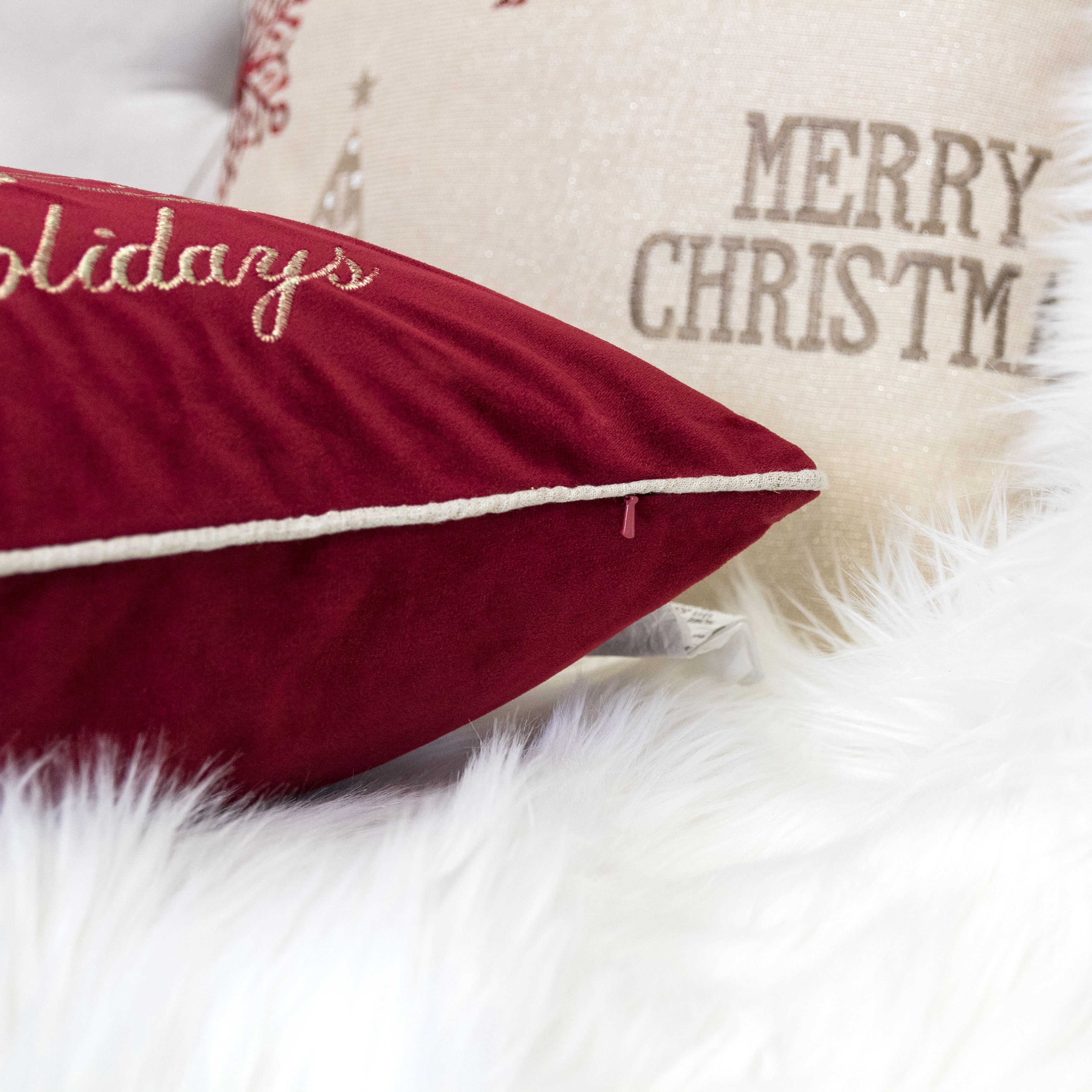 Velvet Happy Holidays Gold Embroidered Christmas Tree Pillow 20x20 Inch Holiday Decor