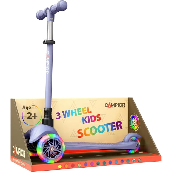 Campior Gray 3-Wheel Kids Scooter, Lean-to-Steer with LED Wheels, Adjustable Handlebar, Anti-Slip Deck, Rear Foot Brake, Ages 2