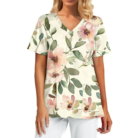 Plus Size Scrubs for Women Stretch,Womens Workwear Tops - Durable Scrub Tops with Reinforced Shoulders & Pockets - Beige - L