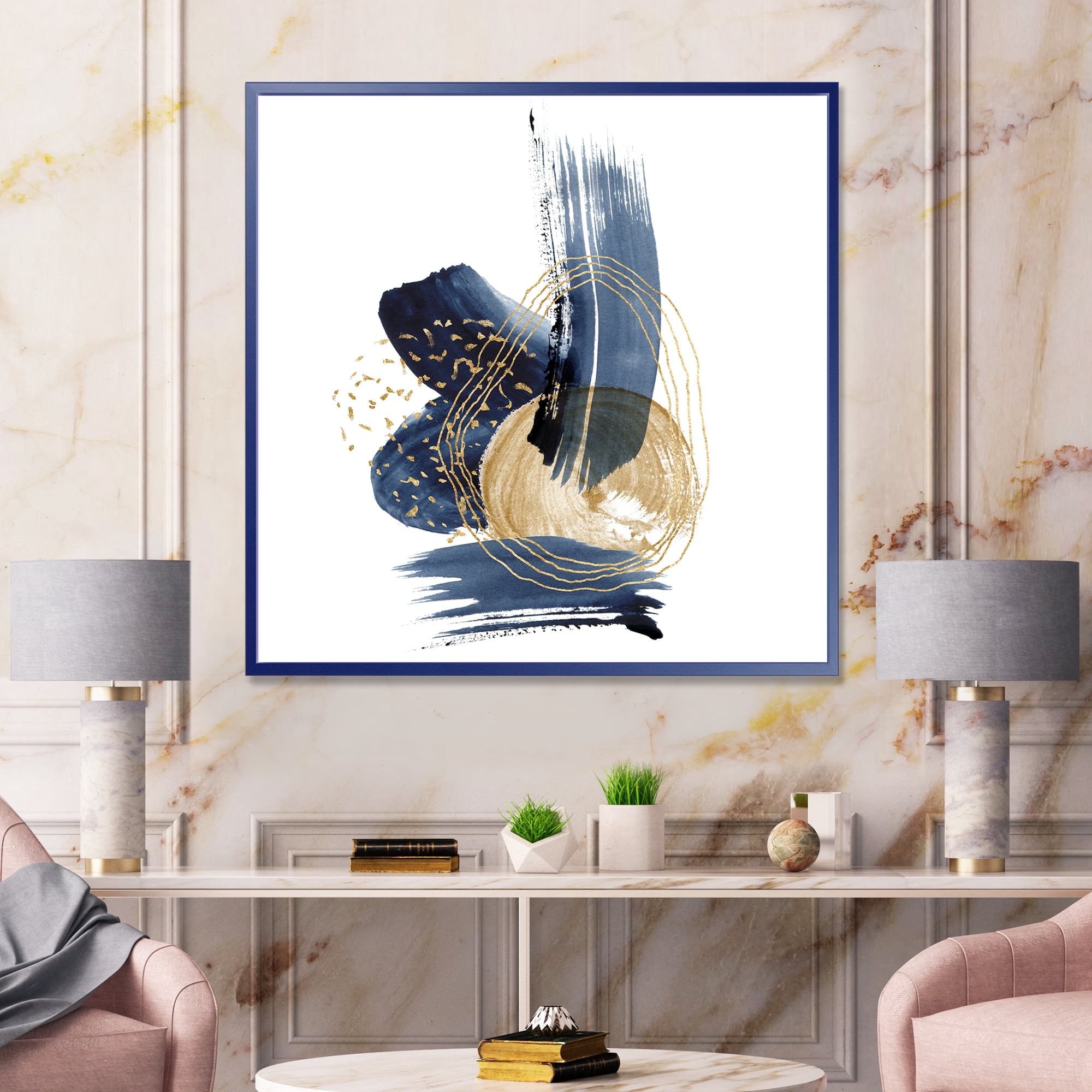 Designart 'Gold Strokes and Landscape of Dark Blue Mountains II' Modern Framed Canvas Wall Art Print