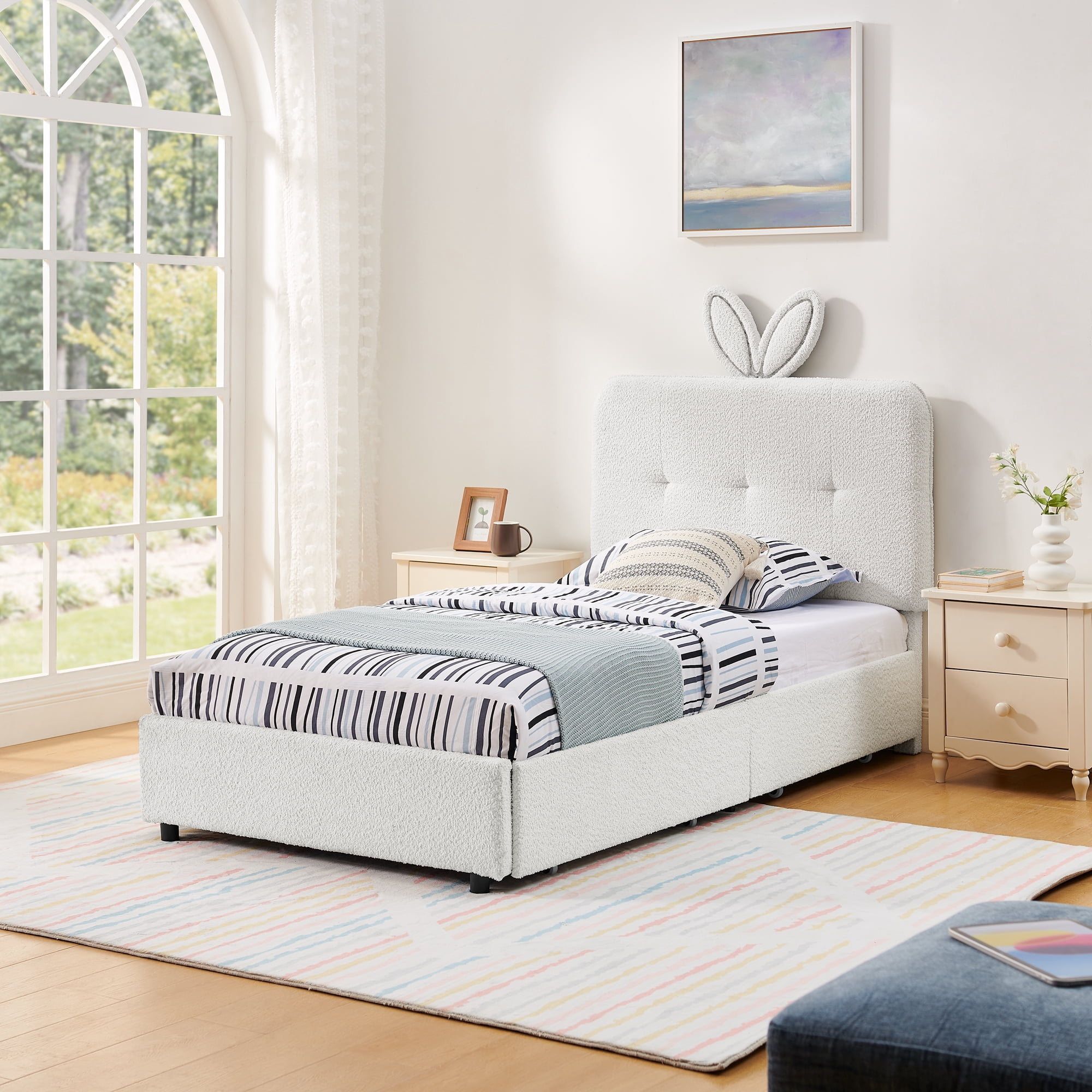 Mintazer Twin Upholstered Kids Bed with Oversized Rabbit Ear Headboard, Boucle Fabric Platform Bed with LED Headboard & 4 Storage Drawers, Beige