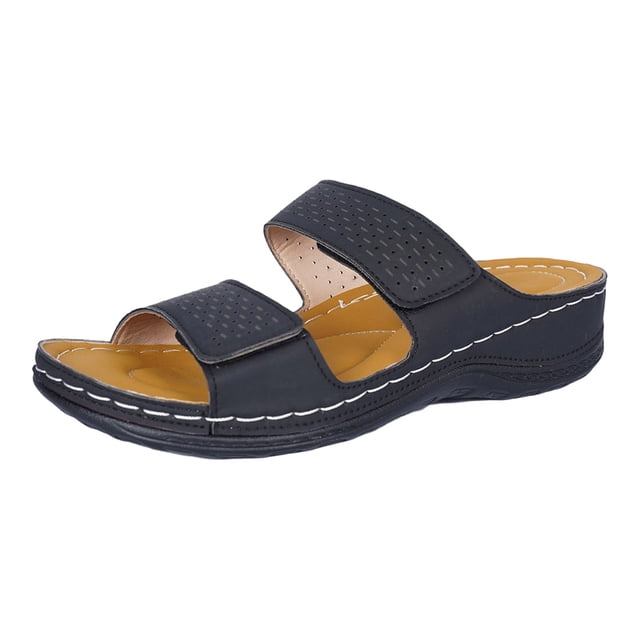 DAFEI Women's Thick Soled Leather One Strap Hollow Out Casual Open Back Solid Color Sandals
