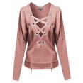 thumbnail image 1 of FashionOutfit Women's Casual Solid Long Dolman Sleeve Deep Plunge Lace up Neck Top, 1 of 4