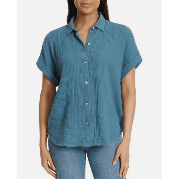 Jessica Simpson Women's Short Cap Sleeve Gauze Top Blue Large