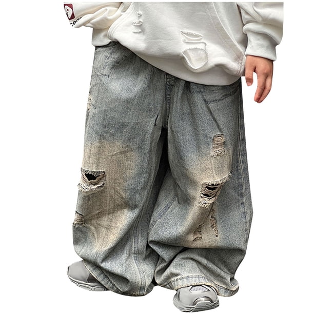 Odeerbi 2-14 Años Niños Pantalones Vaqueros de Piernas Anchas Rasgados Pantalones Vaqueros de Cintura Elástica de Color Sólido