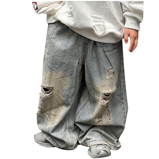 Odeerbi 2-14 Años Niños Pantalones Vaqueros de Piernas Anchas Rasgados Pantalones Vaqueros de Cintura Elástica de Color Sólido