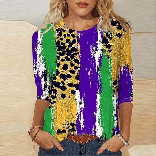 TaTaai Fashion Women's 3/4 Sleeve Round Neck Top, Carnival Printed Casual Blouse, Durable Fabric for Daily Home Work Occasions Gift