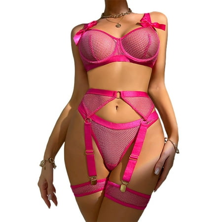 

Innerwin Ladies Lingerie Set Deep V Neck Teddy Babydoll With Garter Belt Bow Bodysuit 3 Pieces Women Sheer Mesh High Waisted See Through Rose Red L