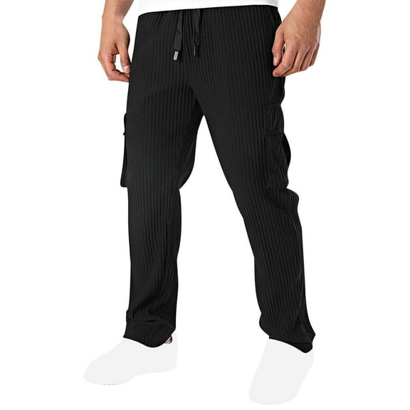 GuangCheng Mens Pull On Cargo Joggers,Ribbed Textured,Elastic Waist,Multi Pocket,Pull On锛孋asual Sport Pants,Black,Size 3XL