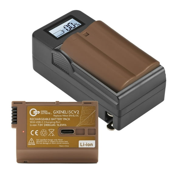Green Extreme 2x EN-EL15c 16.8Wh 7V 2400mAh Lithium-Ion Battery, Bundle with Compact Smart Charger & 2x Smart Charger Plate