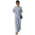 thumbnail image 6 of Domzest Womens 2 Piece Sets Crew Neck Long Sleeve Striped Blouse Matching Elastic High WaistWide Leg Pants Casual Spring Fall Outfits Blue XL, 6 of 6