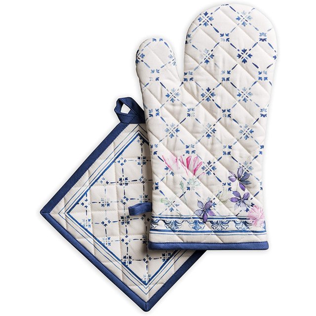 Faience 100% Cotton Set of Oven Mitt (7.5 Inch by 13 Inch) and Pot Holder (8 Inch by 8 Inch) for BBQ | Cooking | Baking | Grilling | Microwave | Barbecue | Spring/Summer