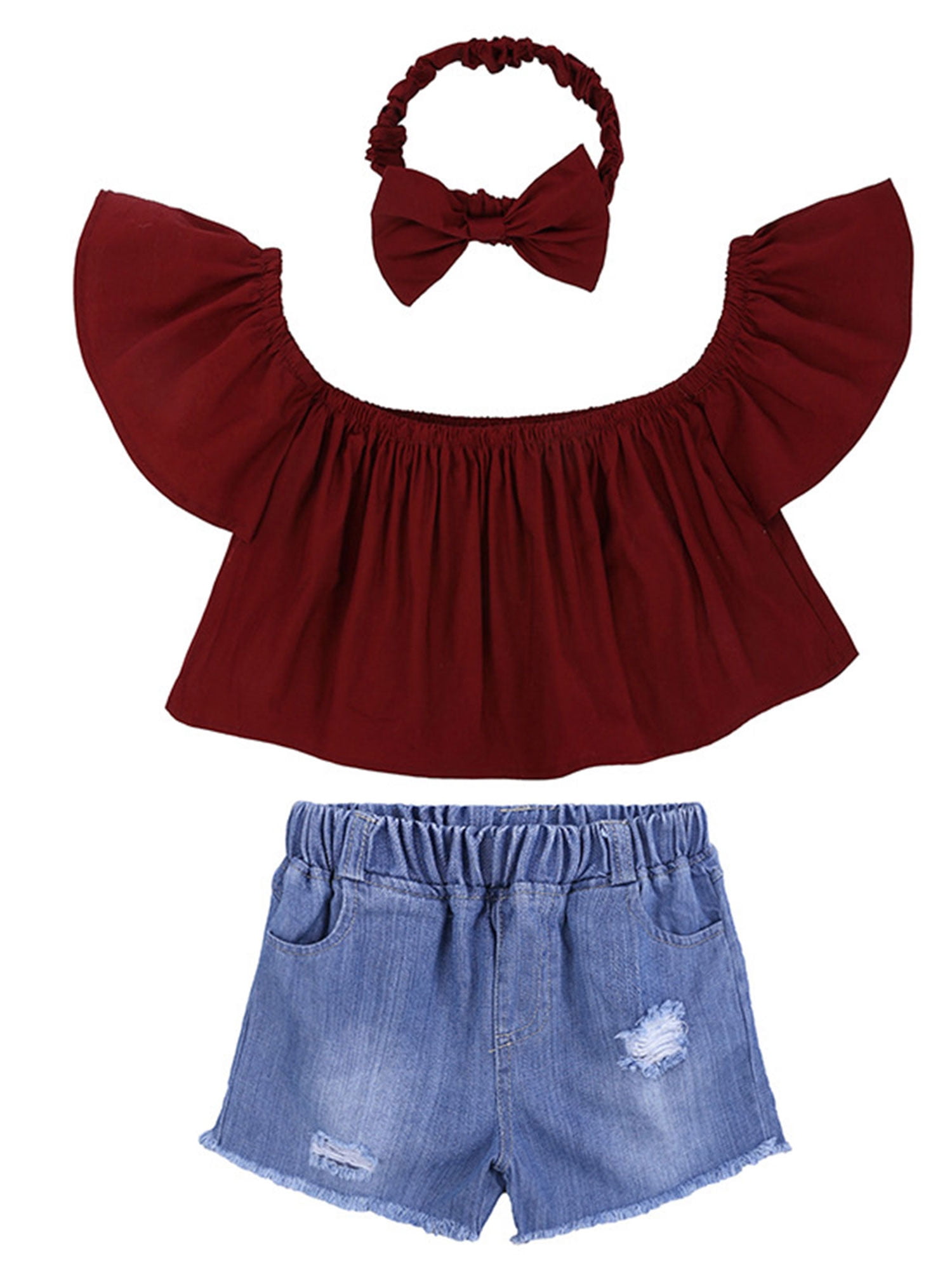 Xingqing 3pcs Baby Girl Short Sleeve Tops Ripped Denim Shorts With Headband Summer Outft Walmart Com Walmart Com
