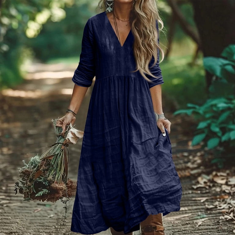 WULMLEO Linen Dresses for Women 2025 Flowy V Neck Short Sleeve Maxi Dress  Lightweight Summer Beach Vacation Clothes Navy L - Walmart.com