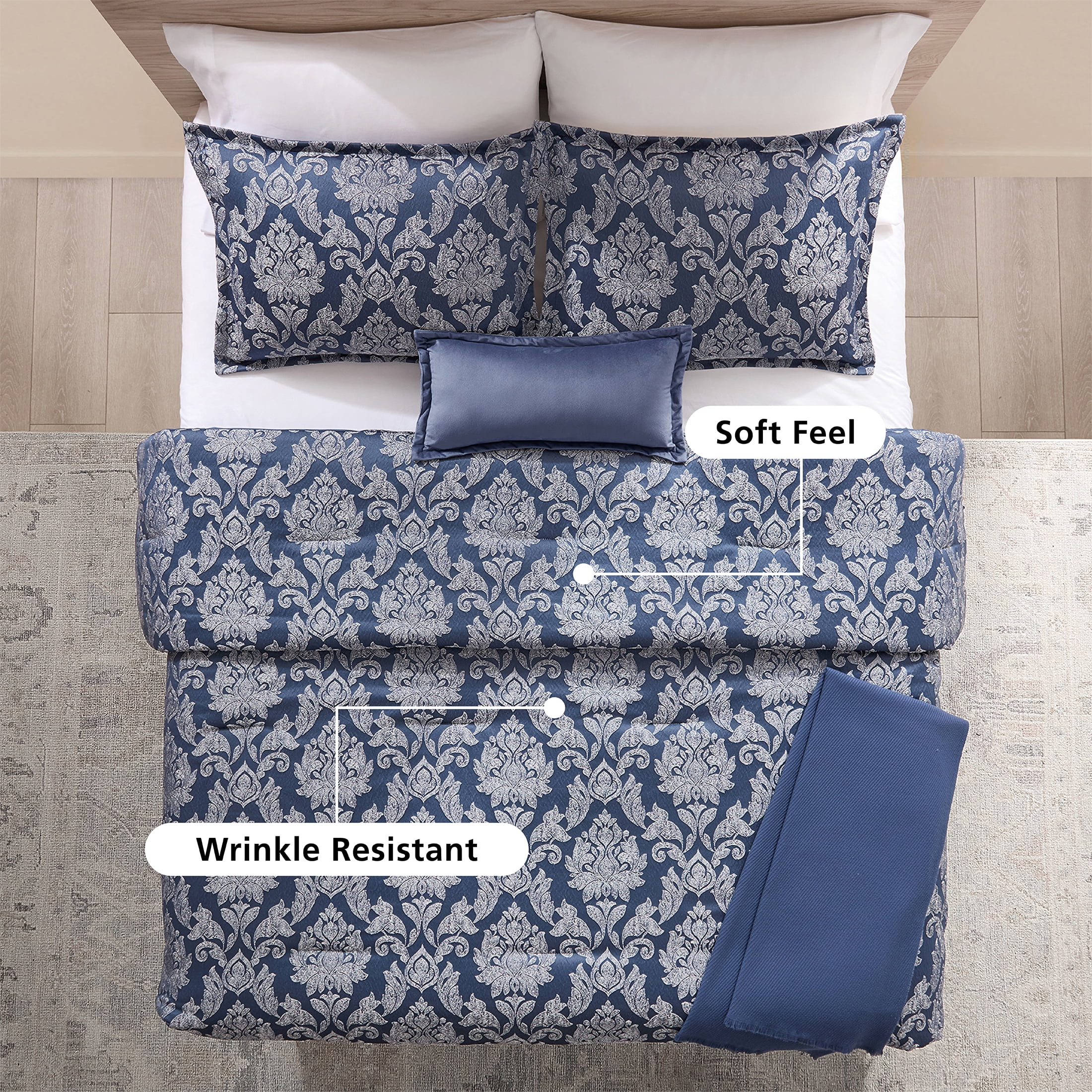Mainstays Damask 5-Piece Jacquard Comforter Set, Blue, King