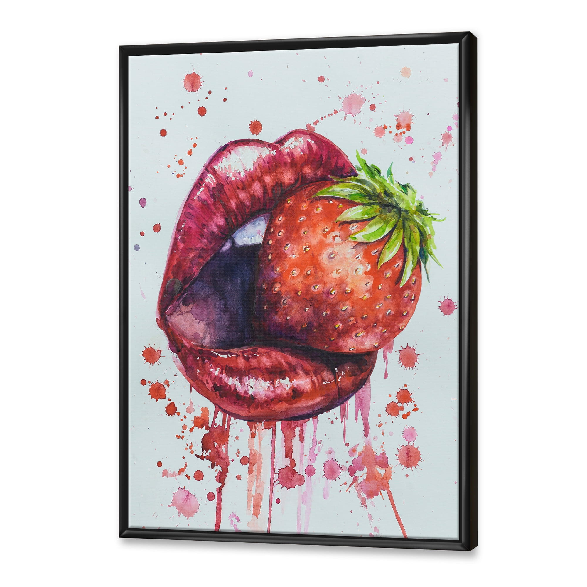 Designart 'Red Girl Lips Eating A Strawberry' Modern Framed Canvas Wall Art Print