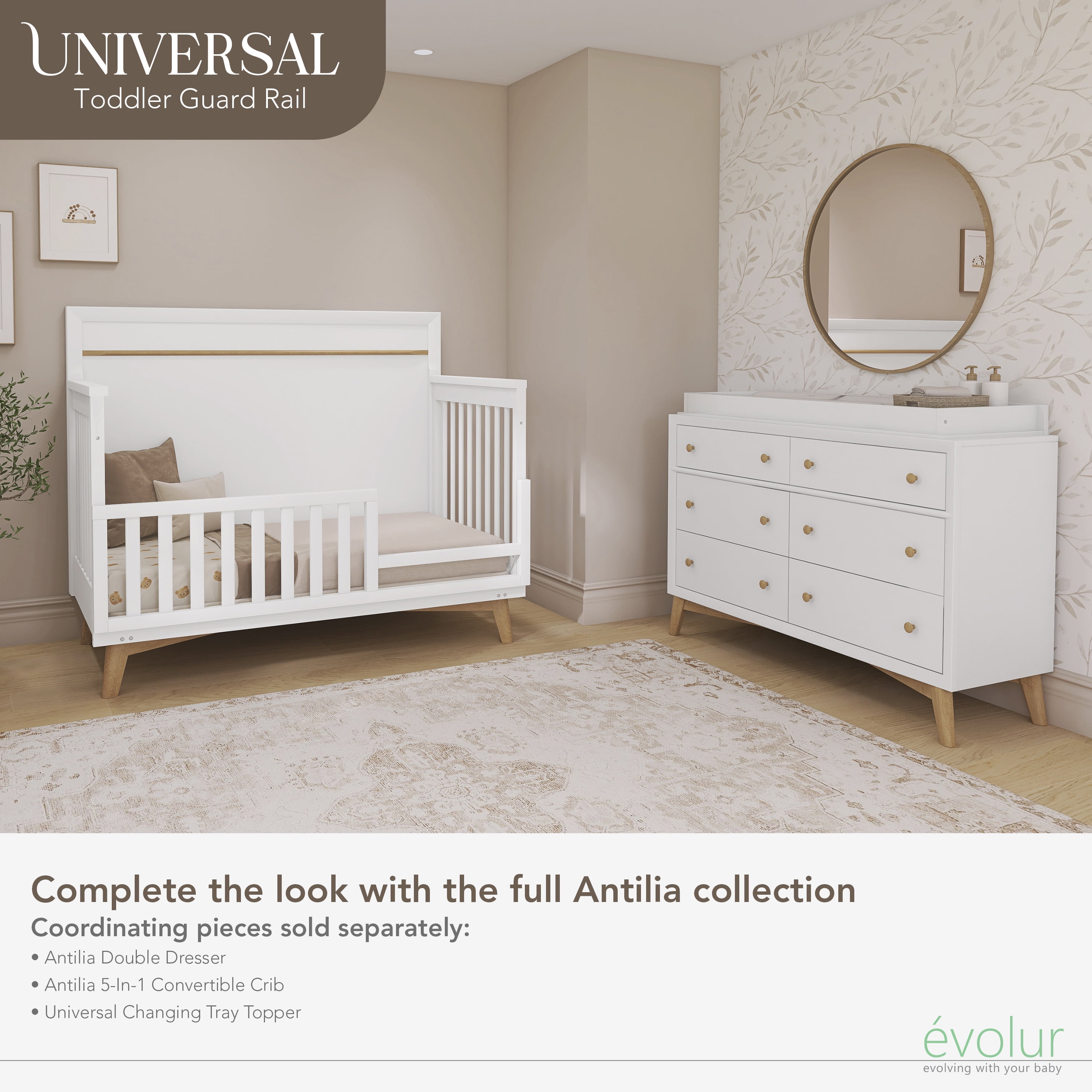 Evolur Andorra Convertible Crib Toddler Guard Rail I Full Assembly I Lasting Quality, Weathered White