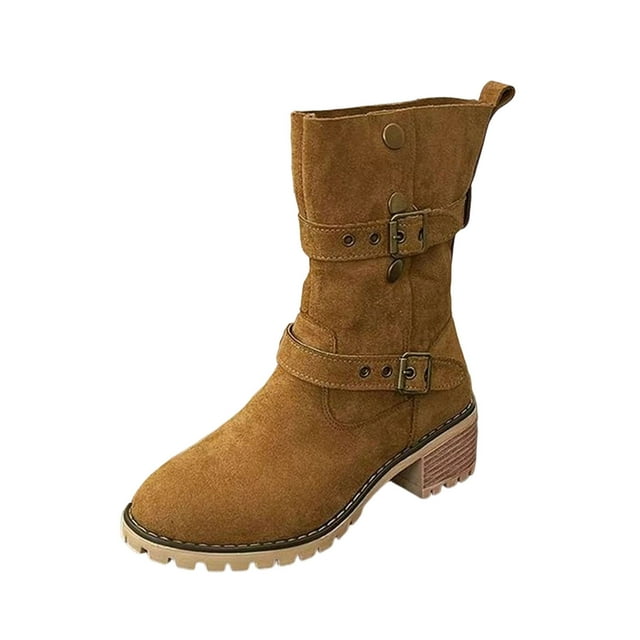 Bottes pour Femmes, Style Décontracté Polyvalent Doux Frais à la Mode Automne Hiver Talon Tendance Double Boucle Mi-Mollet, Bottes d'Hiver pour Femmes