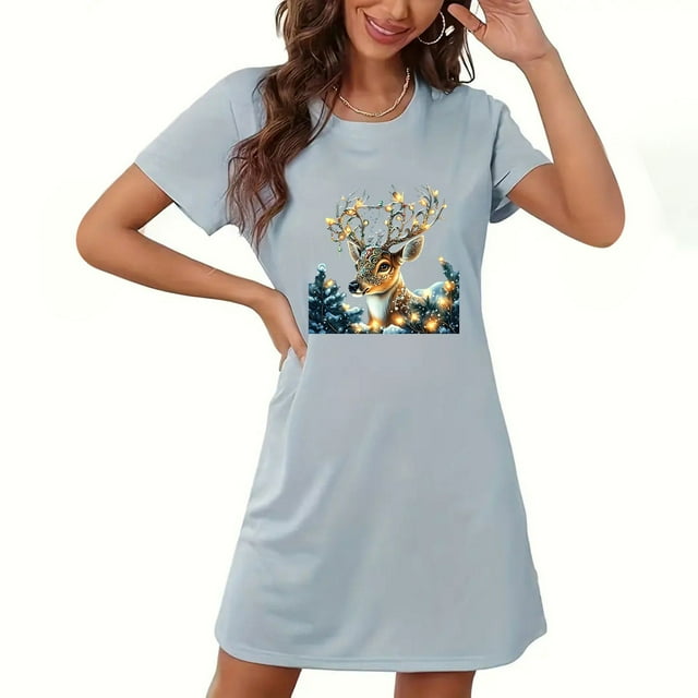 Sakmal Robe de Nuit de Noël pour Femmes Moomoo Bleue Ultra Douce Respirante Ample Pyjama Robe de Sommeil Col Rond Manches Courtes Imprimé Renne Courtes Robes de Nuit P-2TG
